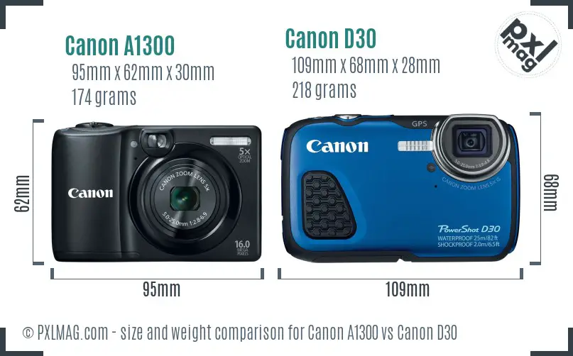 Canon A1300 vs Canon D30 size comparison