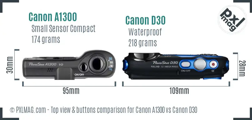 Canon A1300 vs Canon D30 top view buttons comparison