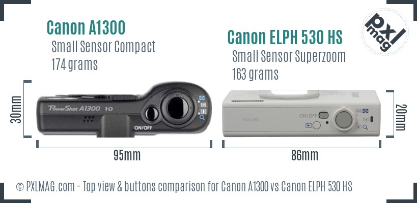Canon A1300 vs Canon ELPH 530 HS top view buttons comparison