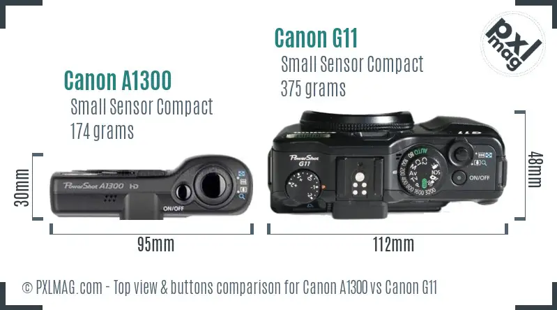 Canon A1300 vs Canon G11 top view buttons comparison