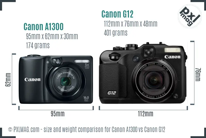 Canon A1300 vs Canon G12 size comparison