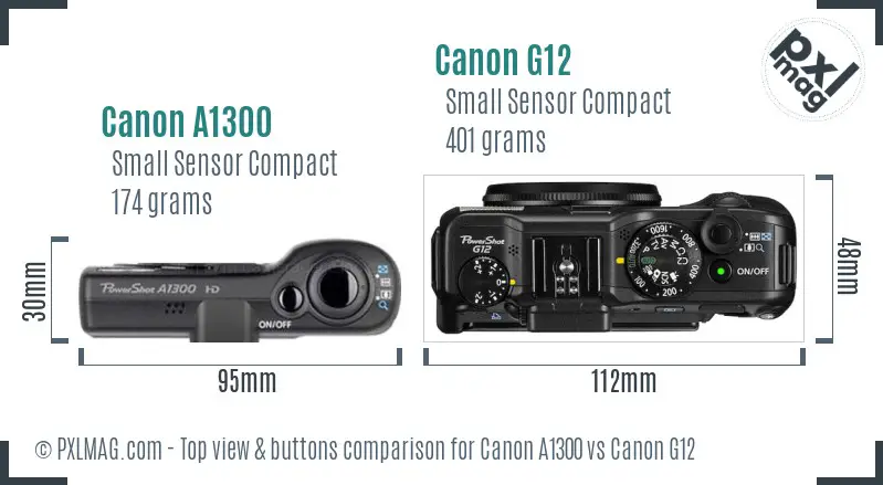 Canon A1300 vs Canon G12 top view buttons comparison
