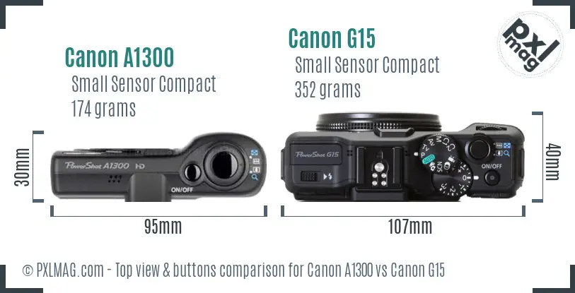 Canon A1300 vs Canon G15 top view buttons comparison