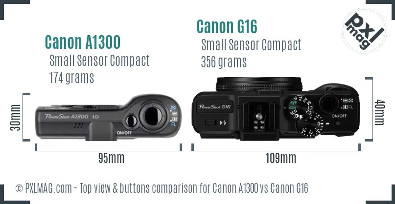 Canon A1300 vs Canon G16 top view buttons comparison