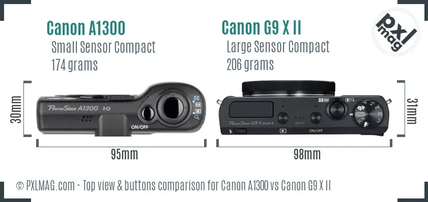 Canon A1300 vs Canon G9 X II top view buttons comparison