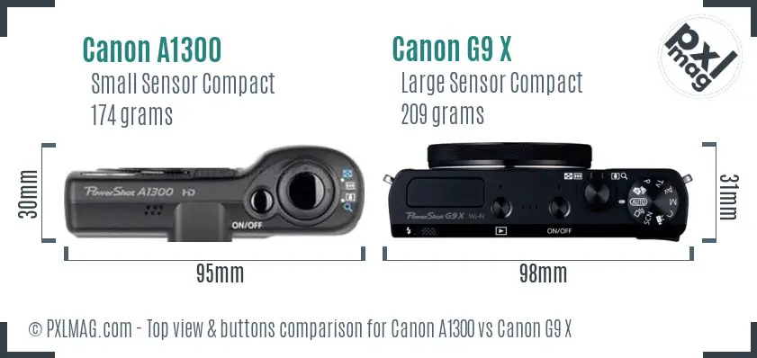 Canon A1300 vs Canon G9 X top view buttons comparison