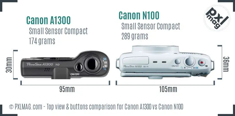 Canon A1300 vs Canon N100 top view buttons comparison