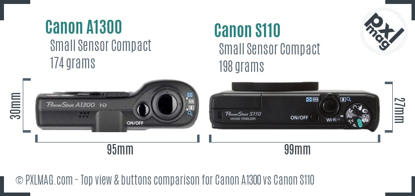 Canon A1300 vs Canon S110 top view buttons comparison
