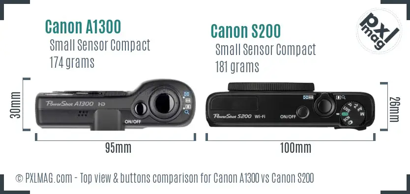 Canon A1300 vs Canon S200 top view buttons comparison