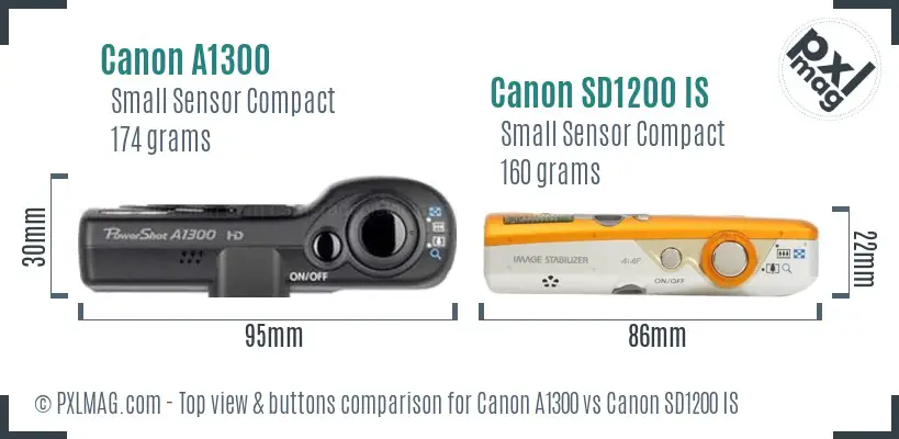 Canon A1300 vs Canon SD1200 IS top view buttons comparison