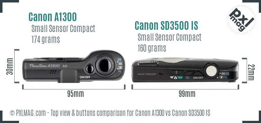 Canon A1300 vs Canon SD3500 IS top view buttons comparison
