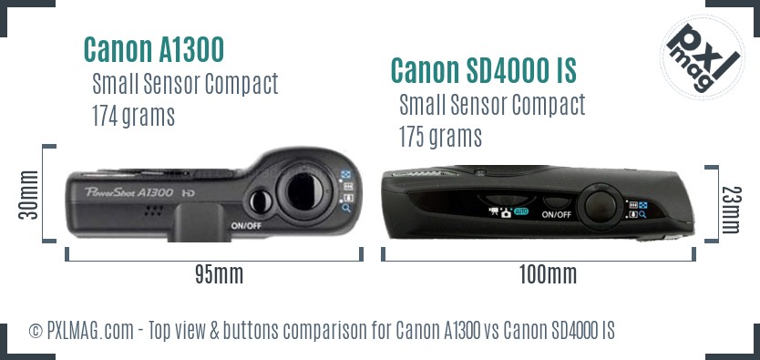 Canon A1300 vs Canon SD4000 IS top view buttons comparison