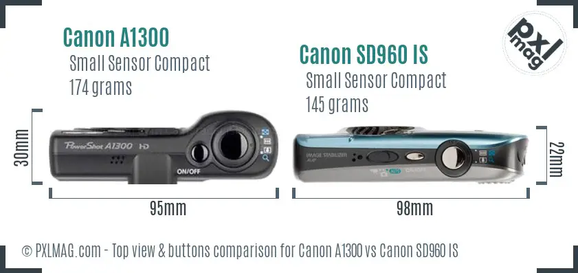 Canon A1300 vs Canon SD960 IS top view buttons comparison