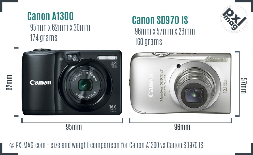 Canon A1300 vs Canon SD970 IS size comparison