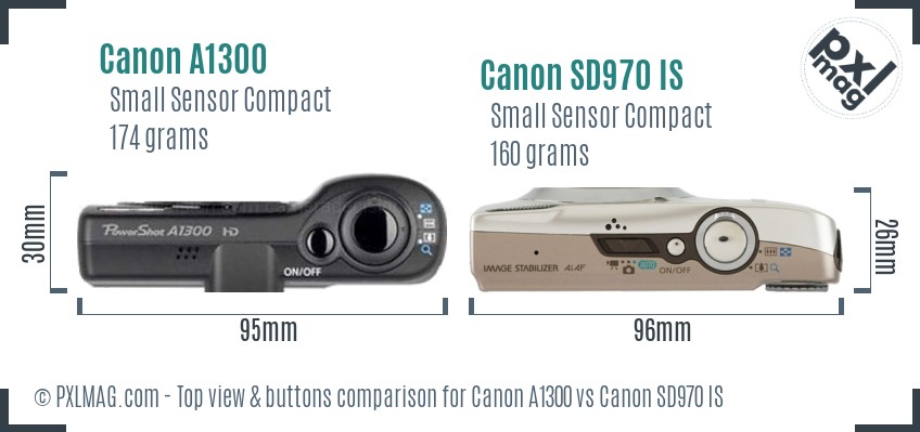 Canon A1300 vs Canon SD970 IS top view buttons comparison