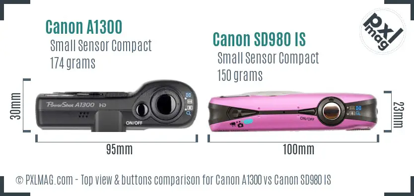 Canon A1300 vs Canon SD980 IS top view buttons comparison