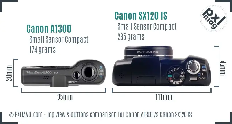 Canon A1300 vs Canon SX120 IS top view buttons comparison