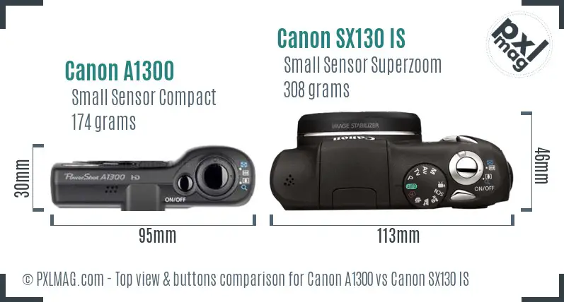 Canon A1300 vs Canon SX130 IS top view buttons comparison