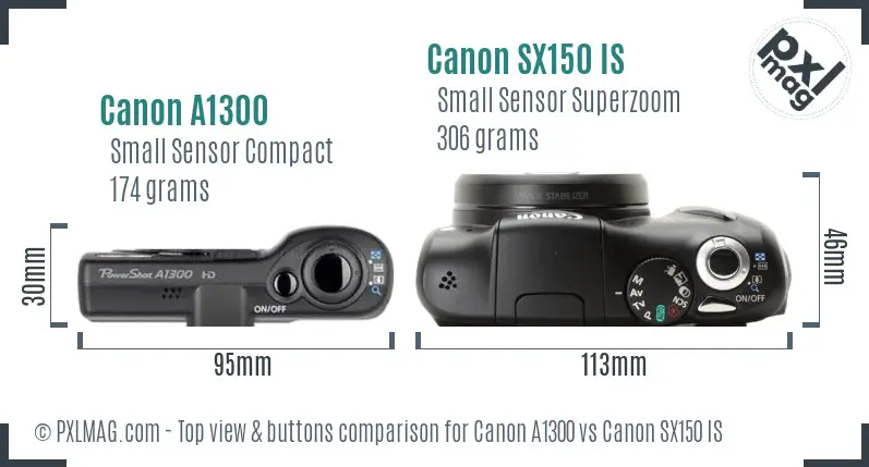 Canon A1300 vs Canon SX150 IS top view buttons comparison