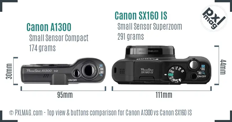 Canon A1300 vs Canon SX160 IS top view buttons comparison