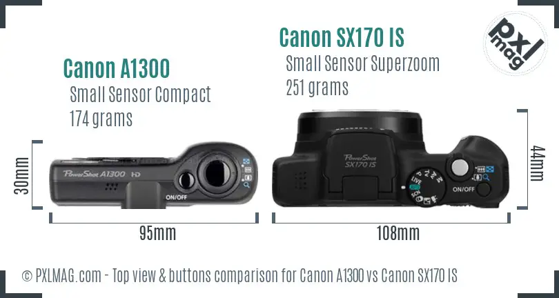 Canon A1300 vs Canon SX170 IS top view buttons comparison