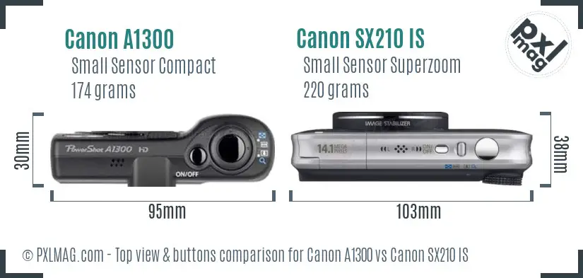 Canon A1300 vs Canon SX210 IS top view buttons comparison Canon A1300 vs Canon SX210 IS top view buttons comparison