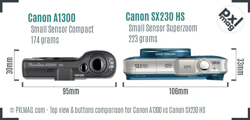 Canon A1300 vs Canon SX230 HS top view buttons comparison