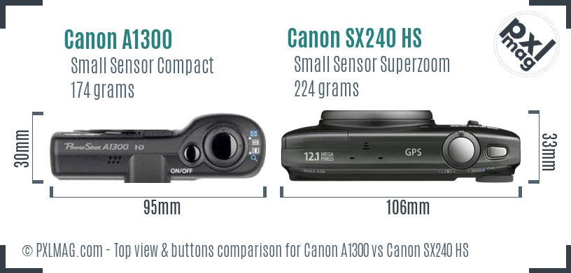 Canon A1300 vs Canon SX240 HS top view buttons comparison