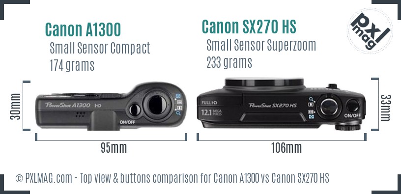 Canon A1300 vs Canon SX270 HS top view buttons comparison