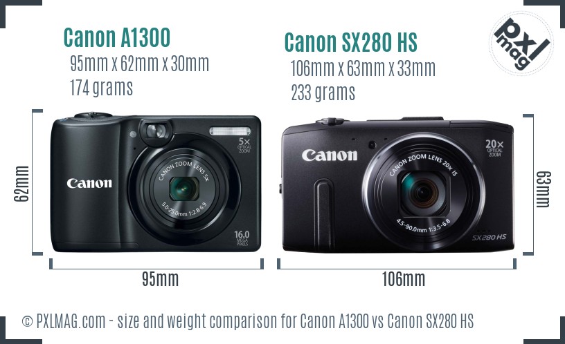 Canon A1300 vs Canon SX280 HS size comparison