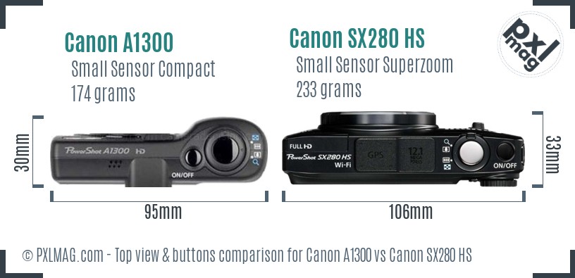 Canon A1300 vs Canon SX280 HS top view buttons comparison