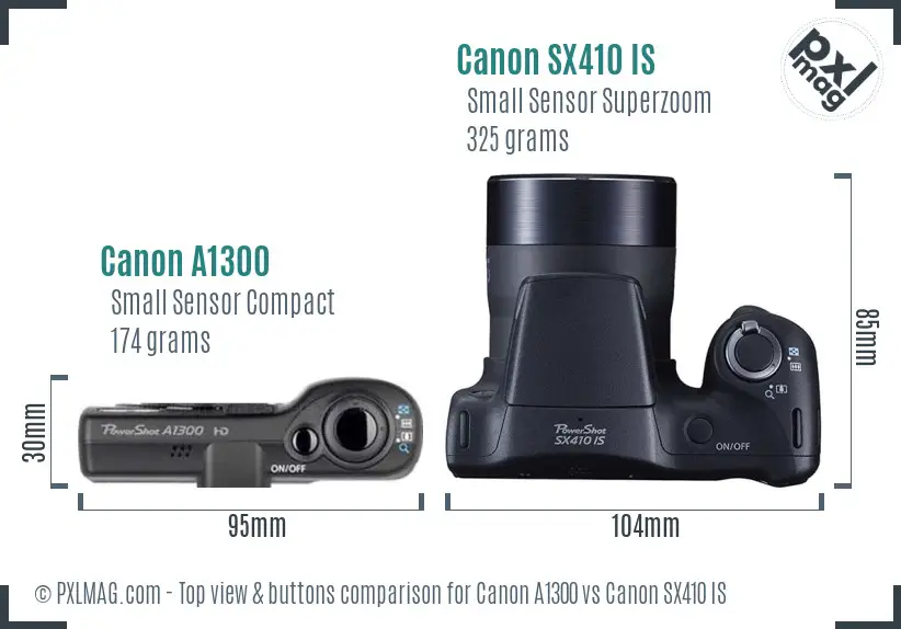 Canon A1300 vs Canon SX410 IS top view buttons comparison Canon A1300 vs Canon SX410 IS top view buttons comparison