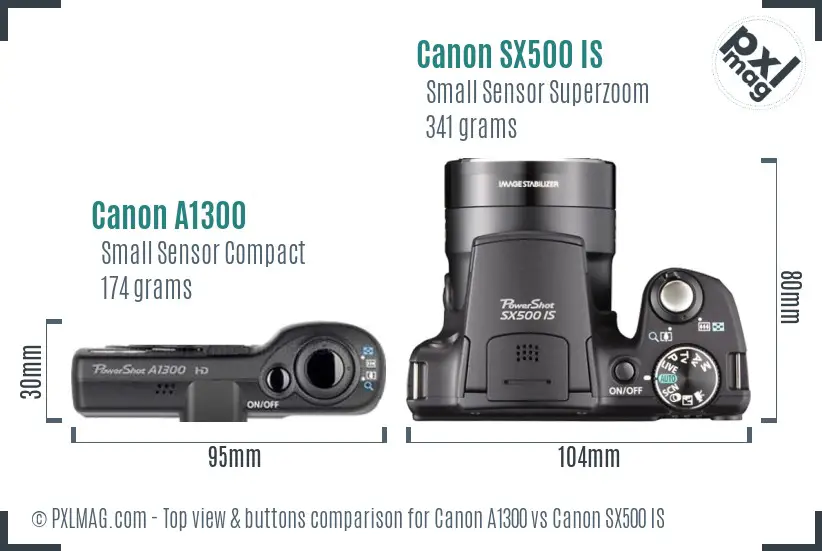 Canon A1300 vs Canon SX500 IS top view buttons comparison