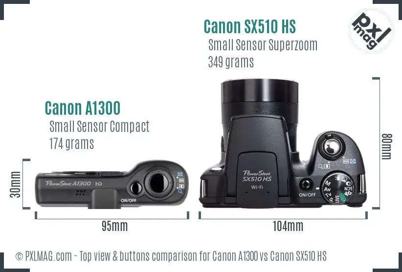 Canon A1300 vs Canon SX510 HS top view buttons comparison Canon A1300 vs Canon SX510 HS top view buttons comparison