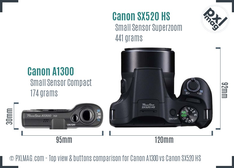 Canon A1300 vs Canon SX520 HS top view buttons comparison