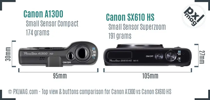 Canon A1300 vs Canon SX610 HS top view buttons comparison Canon A1300 vs Canon SX610 HS top view buttons comparison