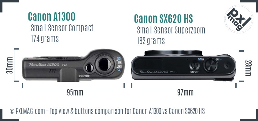 Canon A1300 vs Canon SX620 HS top view buttons comparison