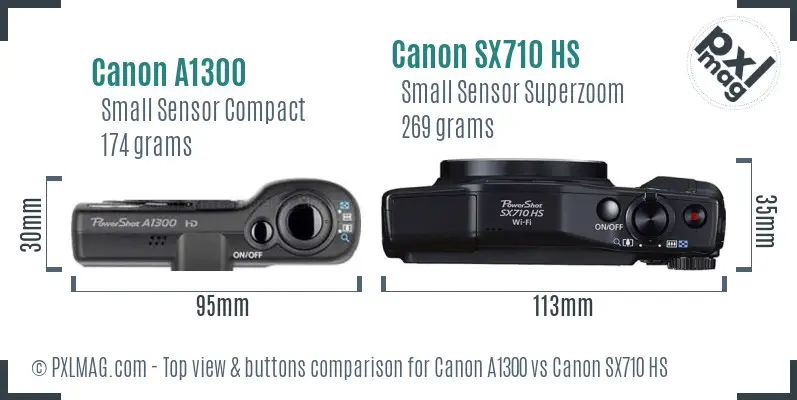 Canon A1300 vs Canon SX710 HS top view buttons comparison