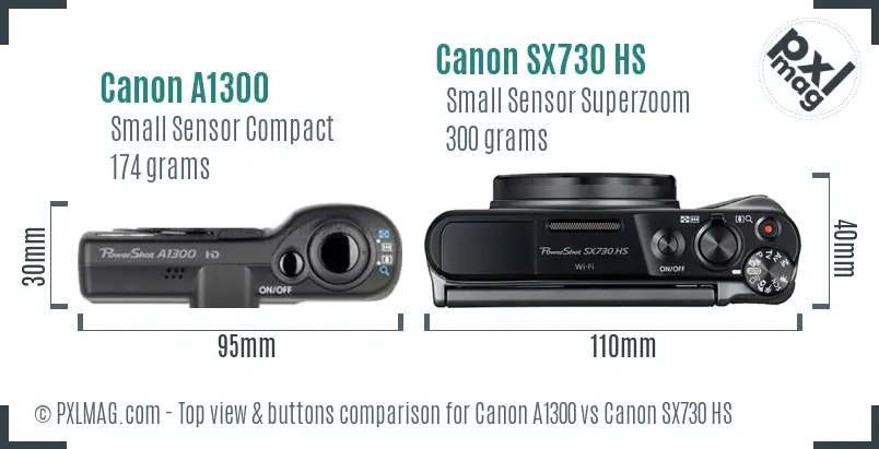 Canon A1300 vs Canon SX730 HS top view buttons comparison