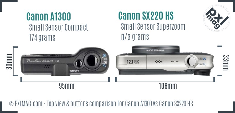 Canon A1300 vs Canon SX220 HS top view buttons comparison