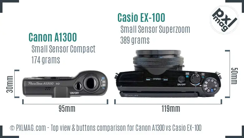 Canon A1300 vs Casio EX-100 top view buttons comparison Canon A1300 vs Casio EX-100 top view buttons comparison