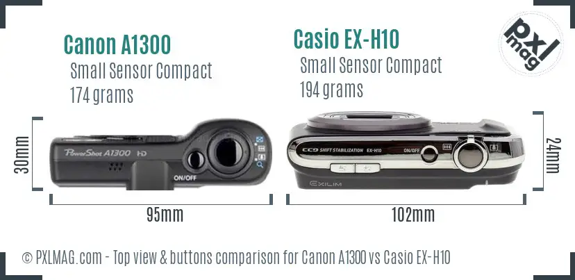 Canon A1300 vs Casio EX-H10 top view buttons comparison
