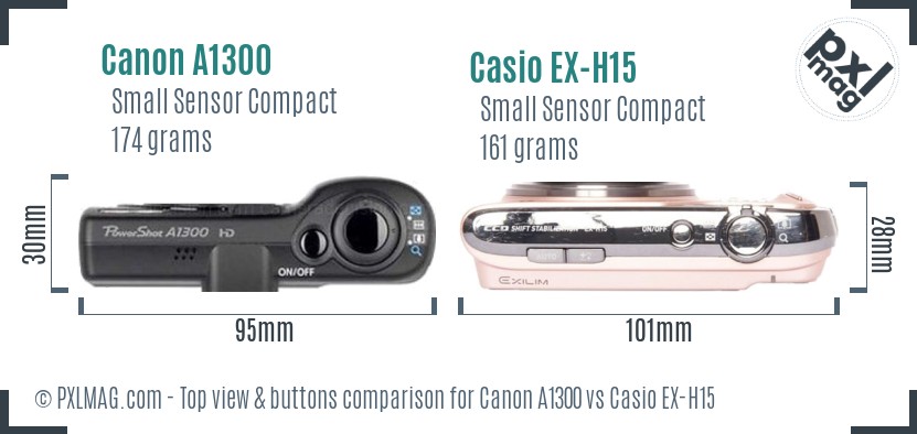Canon A1300 vs Casio EX-H15 top view buttons comparison