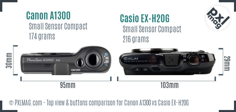 Canon A1300 vs Casio EX-H20G top view buttons comparison