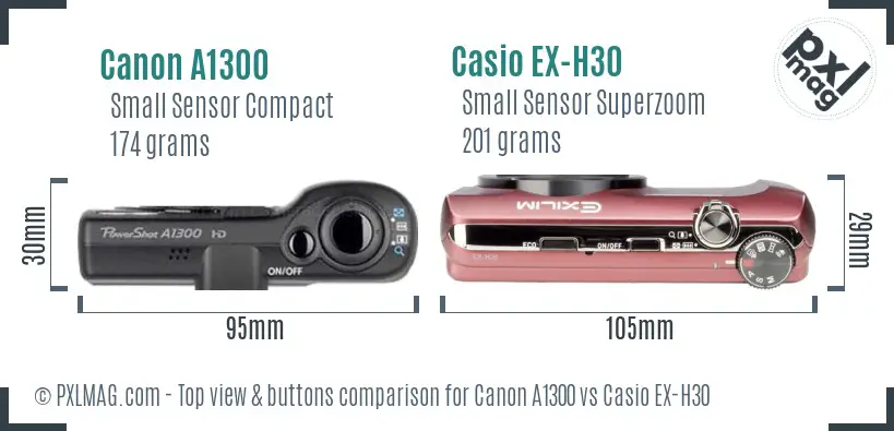 Canon A1300 vs Casio EX-H30 top view buttons comparison