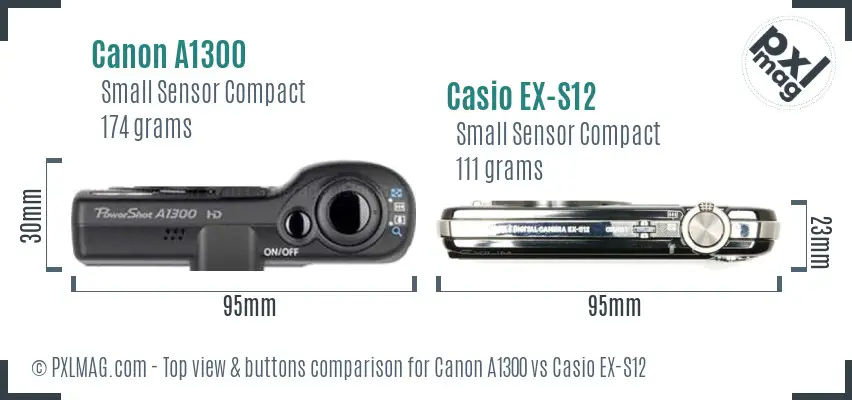 Canon A1300 vs Casio EX-S12 top view buttons comparison