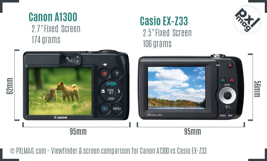 Canon A1300 vs Casio EX-Z33 Screen and Viewfinder comparison