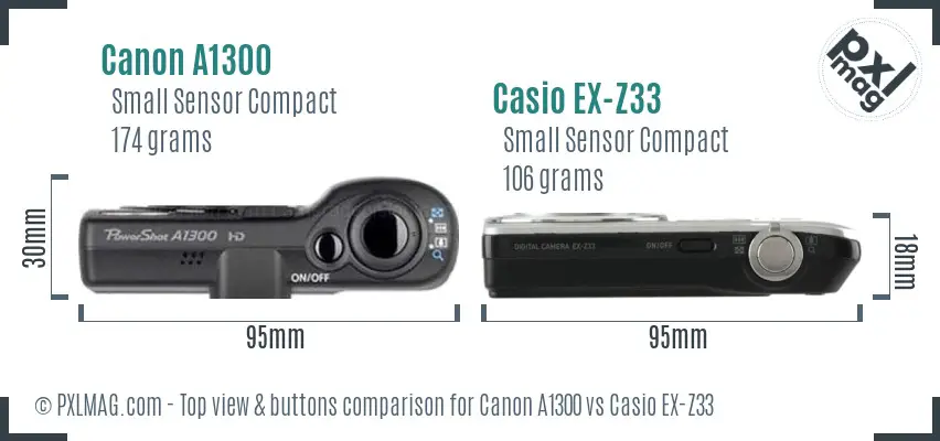 Canon A1300 vs Casio EX-Z33 top view buttons comparison