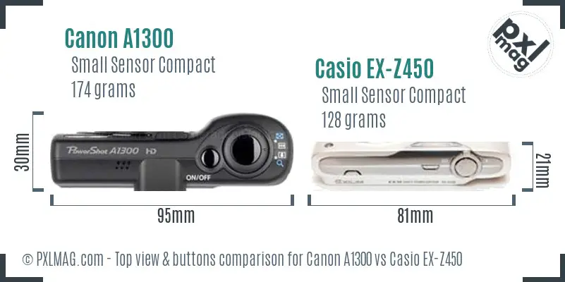 Canon A1300 vs Casio EX-Z450 top view buttons comparison