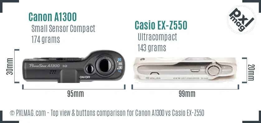Canon A1300 vs Casio EX-Z550 top view buttons comparison